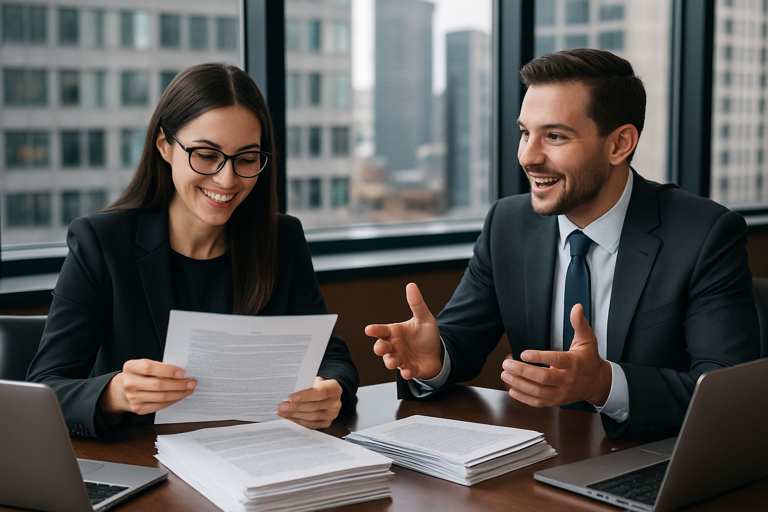 In the image two lawyers are seated at a sleek modern conference table surrounded by stacks of legal documents and open laptops One lawyer a woman with sharp glasses is smiling while intently analyzing a complex contract while the other a man in a ta-1