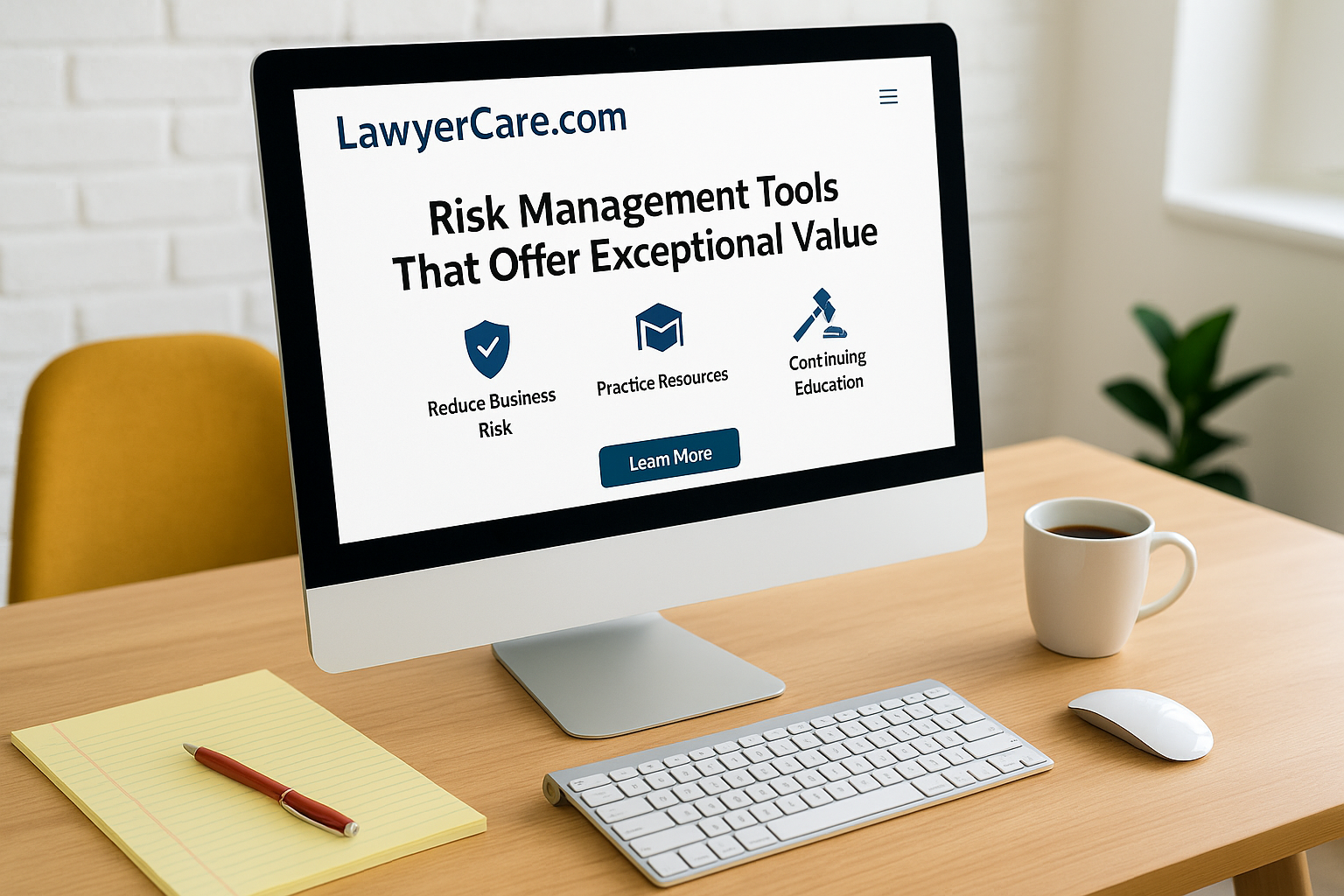 The image should feature a computer accessing lawyercarecom on a desk surrounded by a legal pad red pen and a cup of coffee This visual metaphor highlights the concept of risk management tools that offer exceptional value A bright background and mode