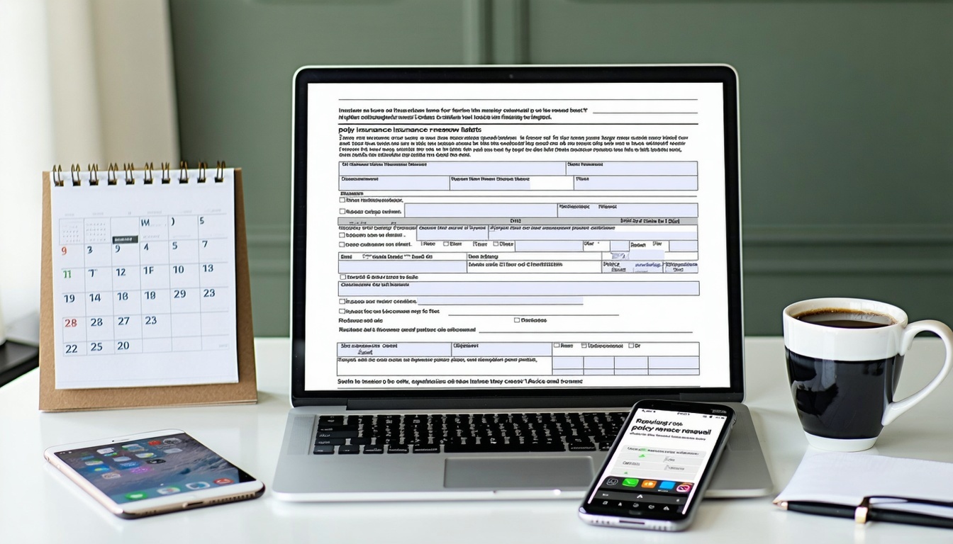 The image should feature a sleek modern desktop or laptop screen with an insurance form Surrounding the device there could be visual elements like a calendar marked with a renewal date a smartphone displaying a notification for policy renewal and a c-1